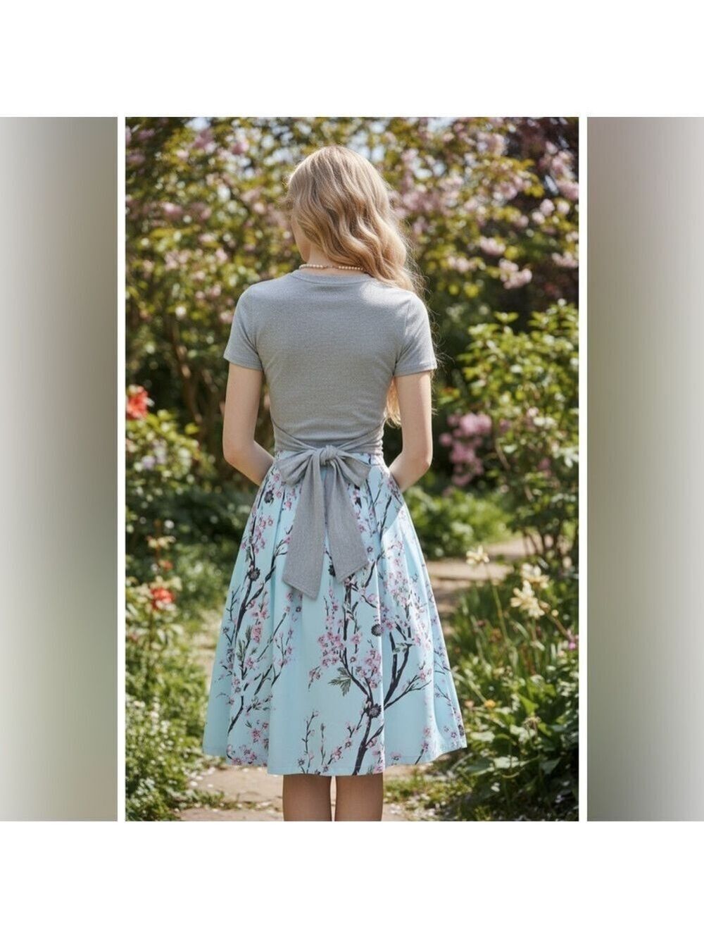 Camisa Gray Twist Front Bow Back Crewneck Top Blue Floral Midi Skirt XL - Picture 2 of 16